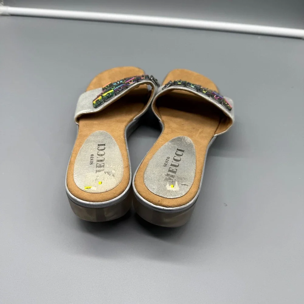 Y2K Sesto Meucci‎ Mens Silver Metallic Rainbow Gemstone Wedge Slide Sandals 6.5M